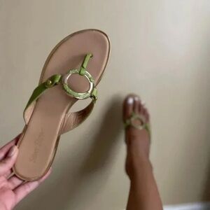 Silver Slipper Green and Tan Thong Sandal Size 9